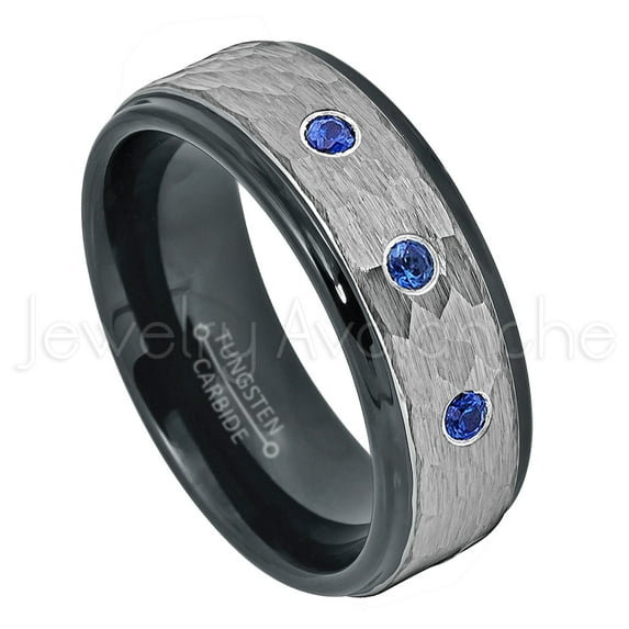 2-Tone Hammered Tungsten Ring - 0.21ctw Blue Sapphire 3-stone Band - Personalized Tungsten Wedding Ring - Custom Made September Birthstone Ring TN708BS