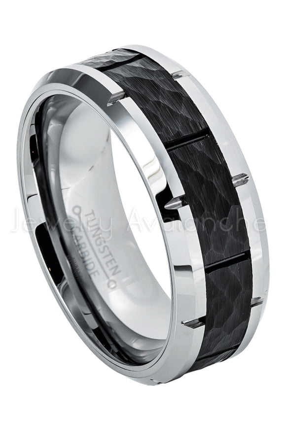 2-Tone Hammered Tungsten Wedding Band - Black IP Center Beveled Edge Tungsten Carbide Ring - TN594WAs13
