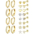 thumbnail image 1 of 2-Tone Hypoallergenic Stainless Steel Earrings Multipack, Flat Screw Back Cartilage Studs & Huggie Hoop Earrings with Heart Flower Star CZ for Women Lobe Helix Tragus,Gold Plated, 1 of 6