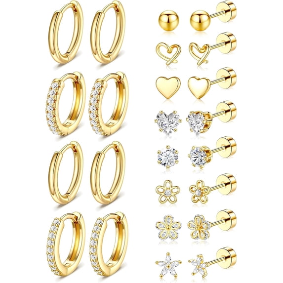 2-Tone Hypoallergenic Stainless Steel Earrings Multipack, Flat Screw Back Cartilage Studs & Huggie Hoop Earrings with Heart Flower Star CZ for Women Lobe Helix Tragus,Gold Plated