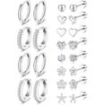 thumbnail image 1 of 2-Tone Hypoallergenic Stainless Steel Earrings Multipack, Flat Screw Back Cartilage Studs & Huggie Hoop Earrings with Heart Flower Star CZ for Women Lobe Helix Tragus,Silver Plated, 1 of 6