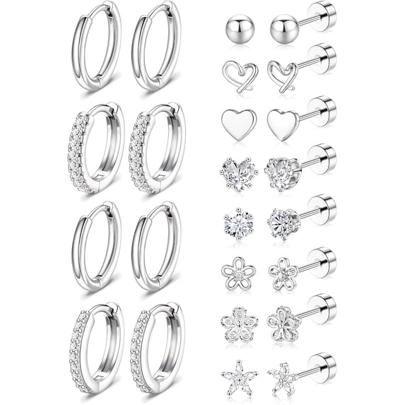 2-Tone Hypoallergenic Stainless Steel Earrings Multipack, Flat Screw Back Cartilage Studs & Huggie Hoop Earrings with Heart Flower Star CZ for Women Lobe Helix Tragus,Silver Plated