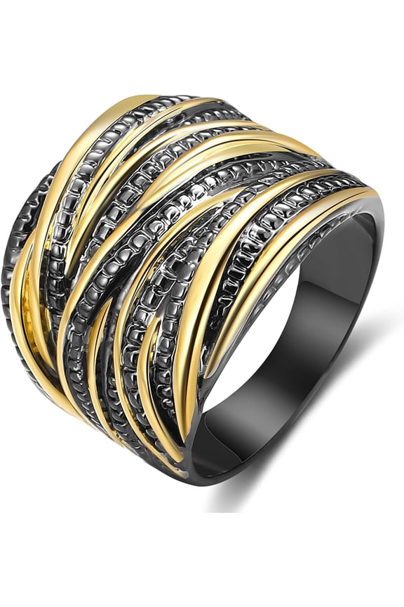 2 Tone Intertwined Crossover Statement Ring Fashion Chunky Band Rings for Women Black Gold Silver Rose Gold Plated Wide Index Finger Rings Costume Jewelry