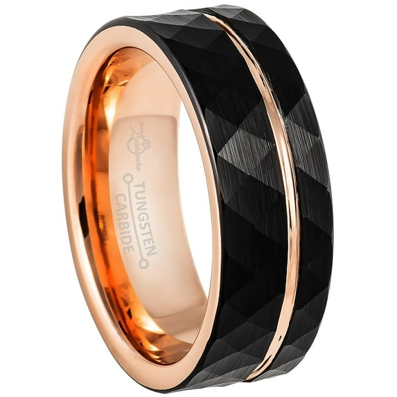 Jewelry Avalanche Black & Rose Gold Pipe Cut Tungsten Mens Wedding Band Faceted Off-set Grooved