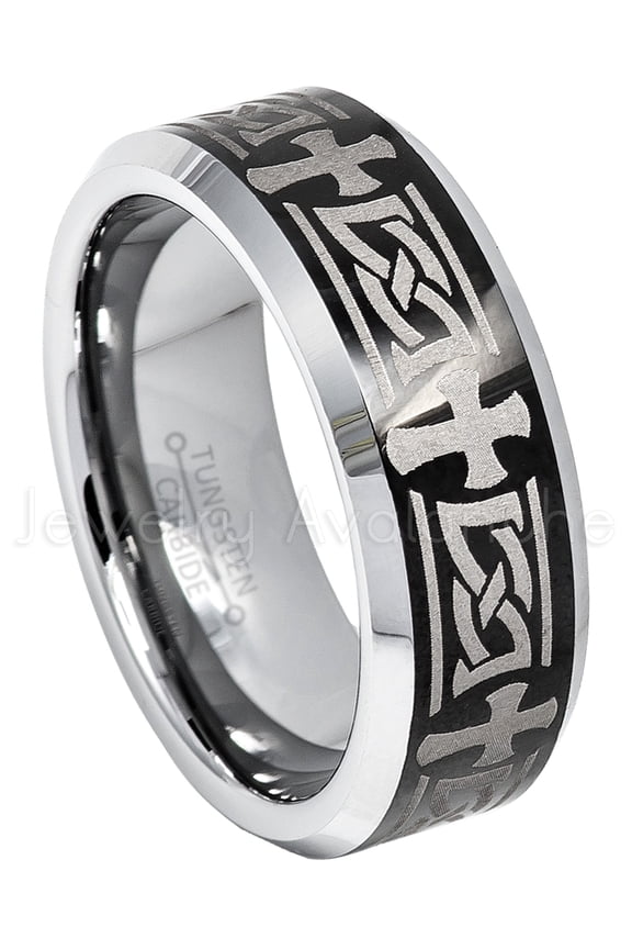 2-Tone Mens Tungsten Wedding Band, Cross & Celtic Engraving Tungsten Ring JATN607Ns10