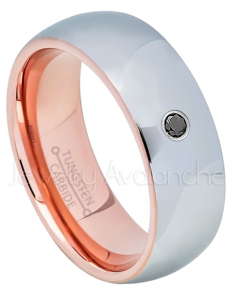 2-Tone Polished Dome Tungsten Ring - 0.07ct Solitaire Black Diamond Ring - Personalized Tungsten ...