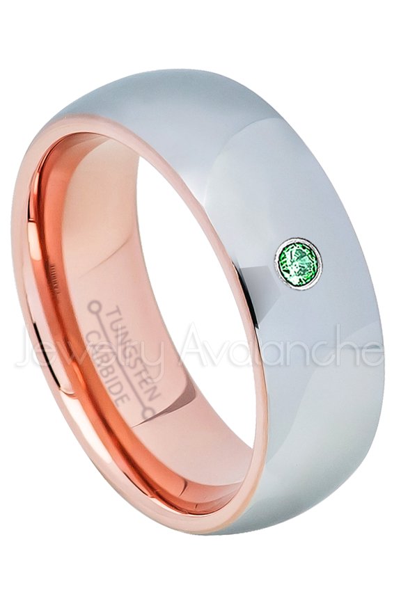 2-Tone Polished Dome Tungsten Ring - 0.07ct Solitaire Emerald Ring - Personalized Tungsten Wedding Ring - Custom Made May Birthstone Ring TN740BS