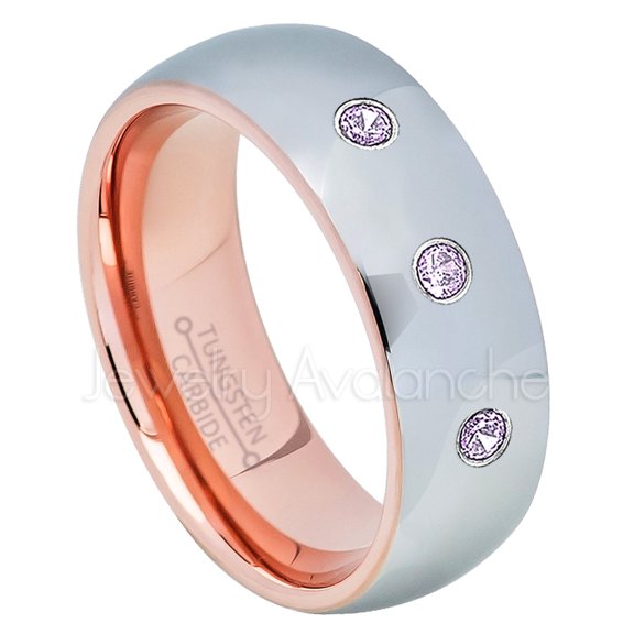 2-Tone Polished Dome Tungsten Ring - 0.21ctw Amethyst 3-stone Band - Personalized Tungsten Wedding Ring - Custom Made February Birthstone Ring TN740BS