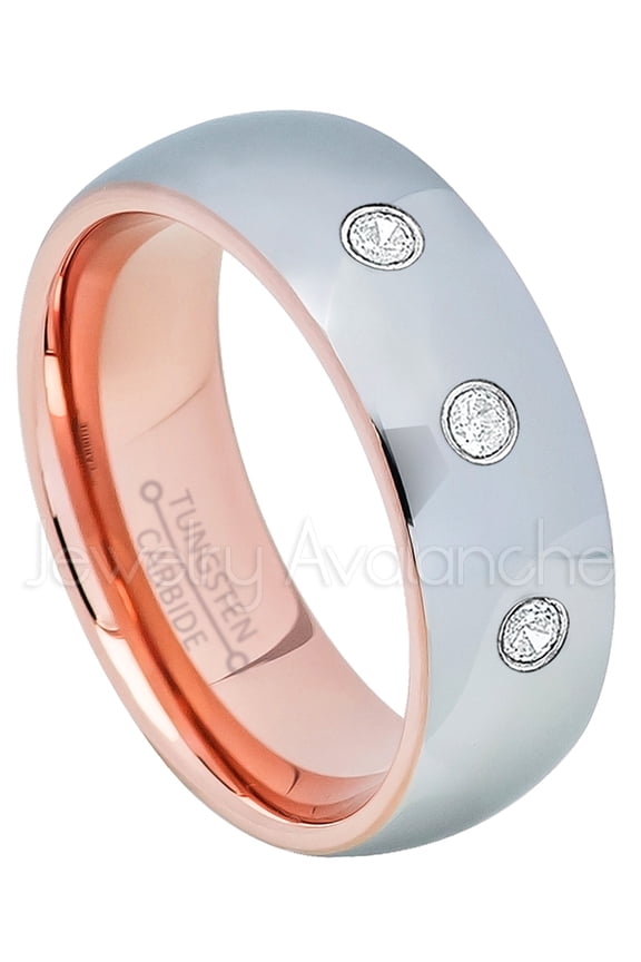 2-Tone Polished Dome Tungsten Ring - 0.21ctw Diamond 3-stone Band - Personalized Tungsten Wedding Ring - Custom Made April Birthstone Ring TN740BS
