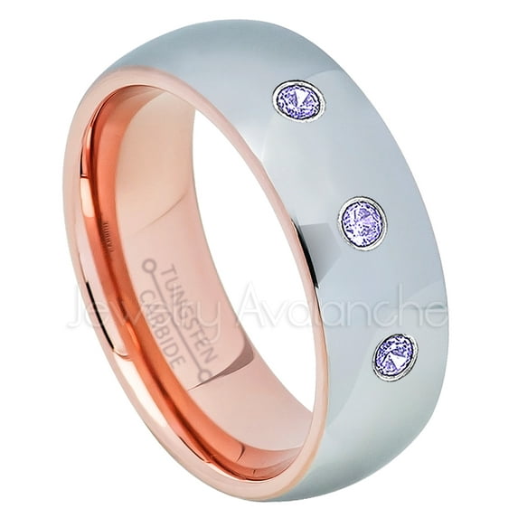 2-Tone Polished Dome Tungsten Ring - 0.21ctw Tanzanite 3-stone Band - Personalized Tungsten Wedding Ring - Custom Made December Birthstone Ring TN740BS