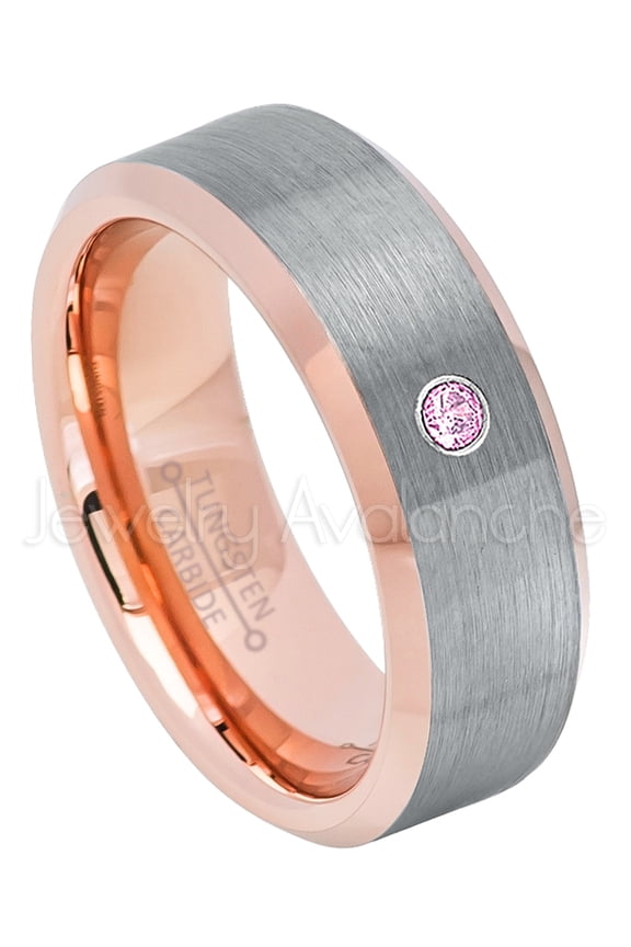 2-Tone Rose Gold Beveled Tungsten Ring - 0.07ct Solitaire Pink Tourmaline Ring - Personalized Tungsten Wedding Ring - Custom Made October Birthstone Ring TN742BS