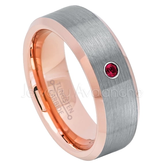 2-Tone Rose Gold Beveled Tungsten Ring - 0.07ct Solitaire Ruby Ring - Personalized Tungsten Wedding Ring - Custom Made July Birthstone Ring TN742BS