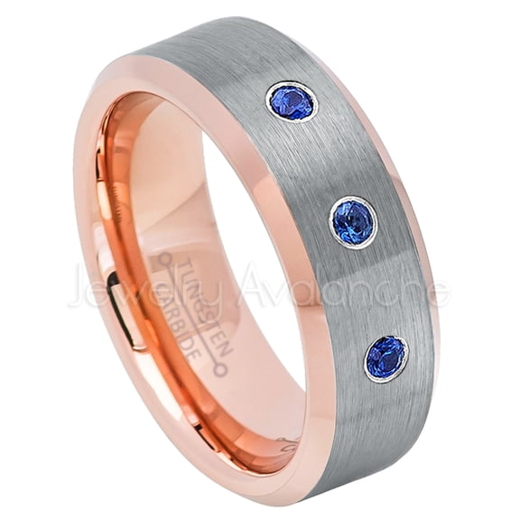 2-Tone Rose Gold Beveled Tungsten Ring - 0.21ctw Blue Sapphire 3-stone Band - Personalized Tungsten Wedding Ring - Custom Made September Birthstone Ring TN742BS