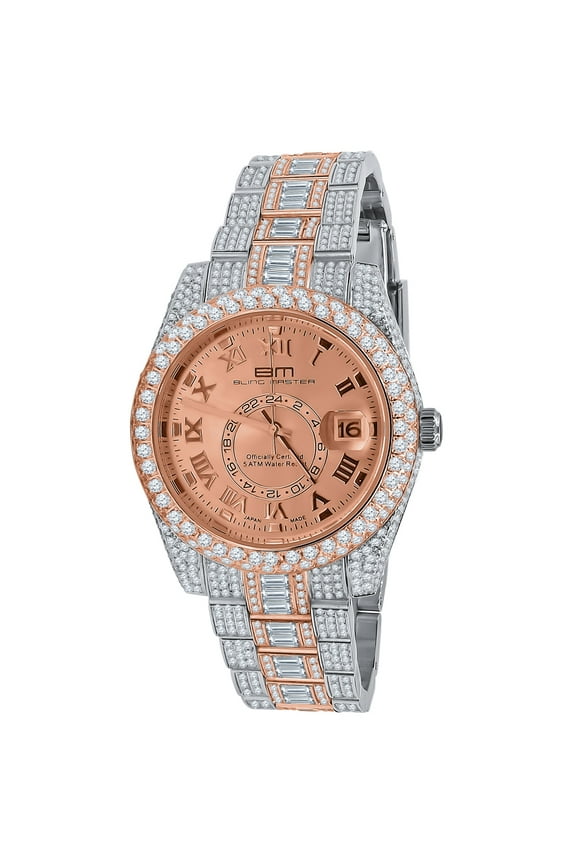 2 Tone Rose Gold Mens Solid Stainless Steel Simulated Diamond Watch 42mm W/Date knight