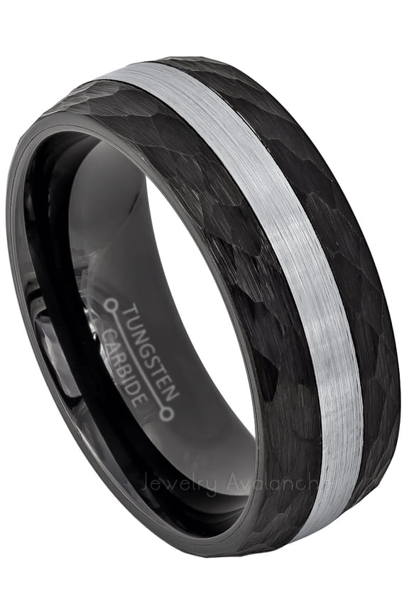 2-Tone Semi-Dome Tungsten Wedding Band - Hammered & Brushed Black IP Tungsten Carbide Ring JATN622Ns14