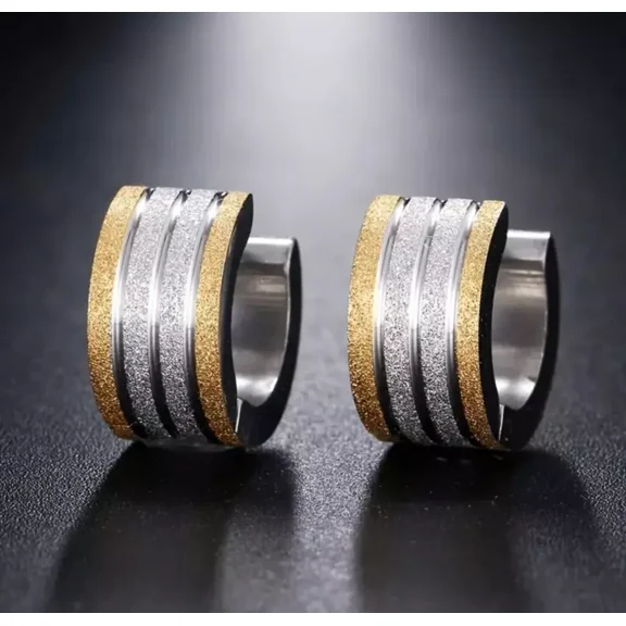 2 Tone Titanium Frosted Wide Gold Silver Hypoallergenic Men & Women Hoop Earrings