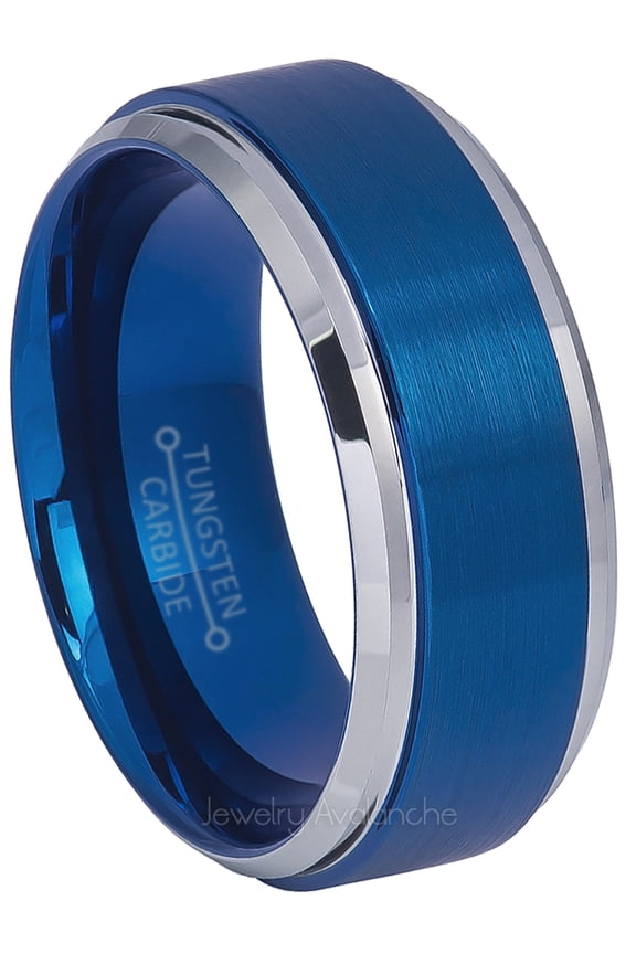 Mens Blue Tungsten Wedding Band, Comfort Fit, Brushed Engagement Ring for Him 8mm