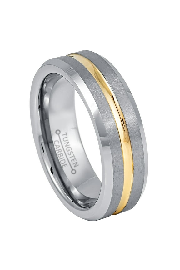2-Tone Mens Tungsten Wedding Ring, Gold Grooved Center, Comfort Fit, Anniversary Ring for Him 7mm
