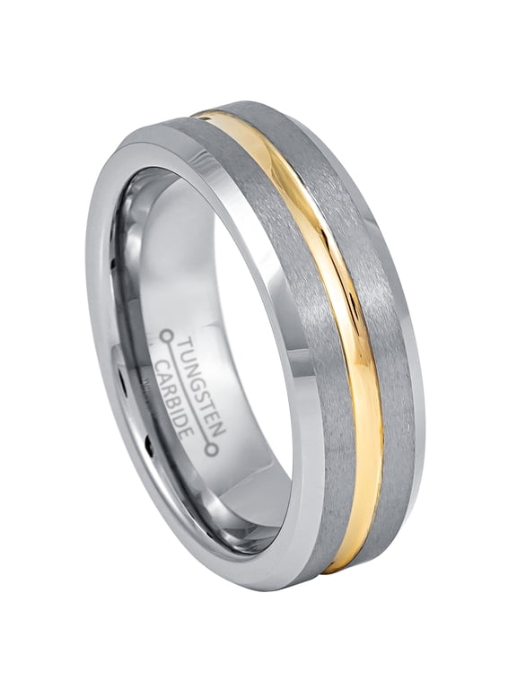 2-Tone Mens Tungsten Wedding Ring, Gold Grooved Center, Comfort Fit, Anniversary Ring for Him 7mm