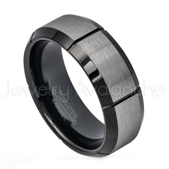 2-Tone Tungsten Ring - 8mm Brushed Black IP Comfort Fit Grooved Tungsten Carbide Wedding Band