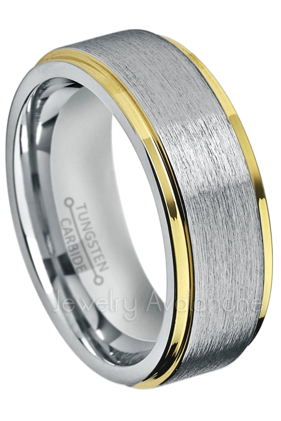 2-Tone Tungsten Wedding Band - 8mm Brushed Finish Center and Yellow Gold Plated Stepped Edge Comfort Fit Tungsten Carbide Ring - TN132s12