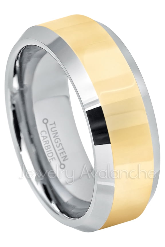 2-Tone Tungsten Wedding Band - 8mm Polished Yellow Gold Plated Center Comfort Fit Dome Tungsten Carbide Ring - Anniversary Ring - TN024s10