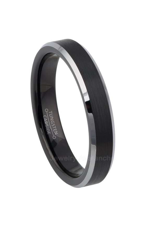 2-Tone Tungsten Wedding Ring - Band for Mens & Womens- 4mm Beveled Edge Tungsten Ring - Black IP Tungsten Band