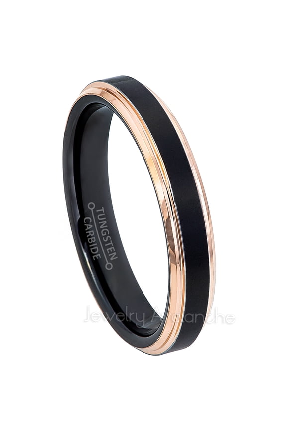 2-Tone Tungsten Wedding Ring - Band for Mens & Womens- 4mm Stepped Edge Tungsten Ring - 2-Tone Black & Rose Gold Tungsten Band