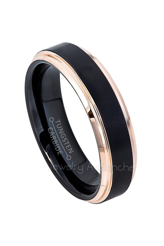 2-Tone Tungsten Wedding Ring - Band for Mens & Womens- 6mm Stepped Edge Tungsten Ring - 2-Tone Black & Rose Gold Tungsten Band