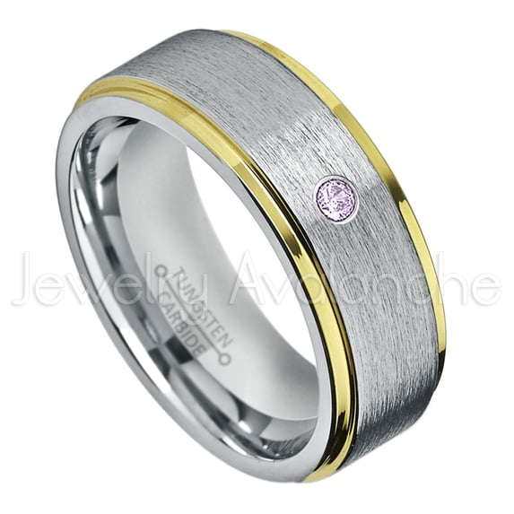 2-Tone Yellow Gold IP Tungsten Ring - 0.07ct Solitaire Amethyst Ring - Personalized Tungsten Wedding Ring - Custom Made February Birthstone Ring TN132BS