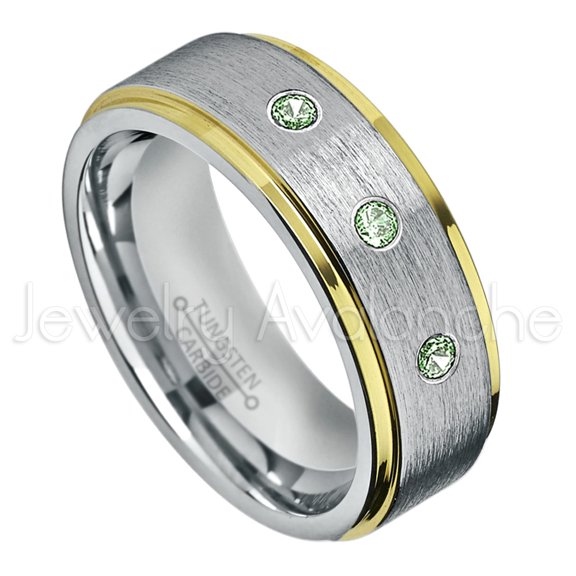 2-Tone Yellow Gold IP Tungsten Ring - 0.21ctw Alexandrite 3-stone Band - Personalized Tungsten Wedding Ring - Custom Made June Birthstone Ring TN132BS