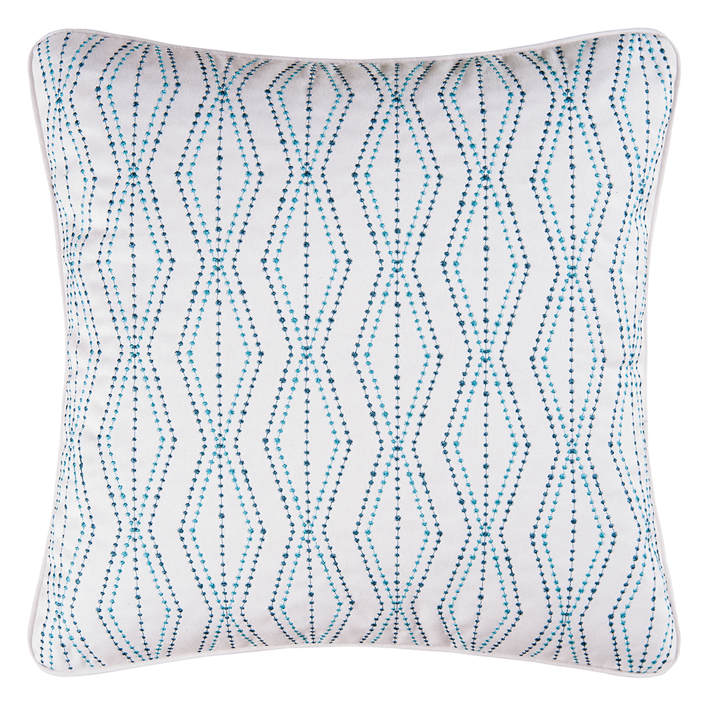 18" Square White and Teal Embroidered Canvas Throw Pillow