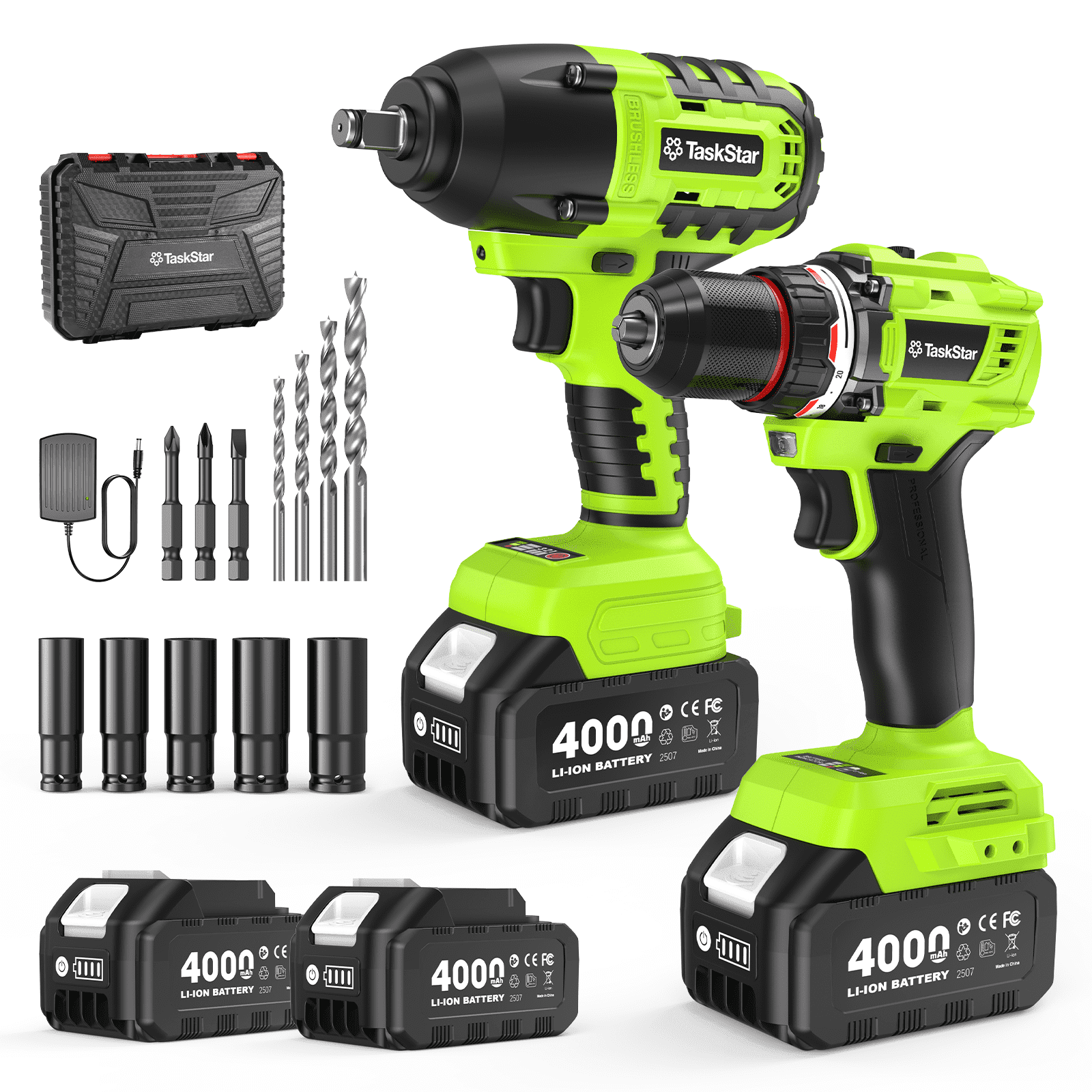 2-Tool Combo Kit: 1/2" Brushless Impact Wrench (800Nm) & 3/8" Brushless Drill Driver (80Nm) with 2×4000mAh Batteries