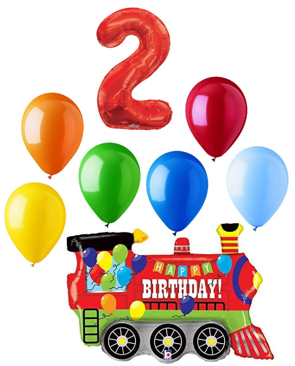 KALEDISCOPE, BETALLIC AND QUALATEX #2 Train Choo Choo 8 Piece Happy 2nd Birthday Mylar and Latex Balloons Set