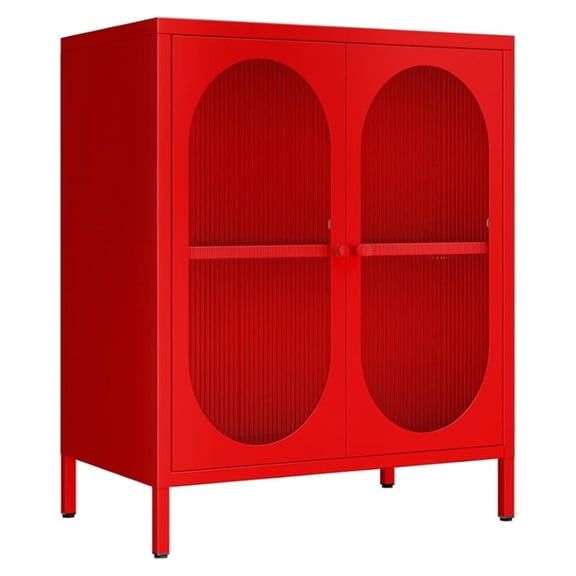 2 Translucent Door Metal Accent Storage Cabinet for Bedroom, Living Room,Bedside, Office Room,Kitchen-Metal Locker Cabinet with 1 Adjustable Shelves-2-Tier (red)