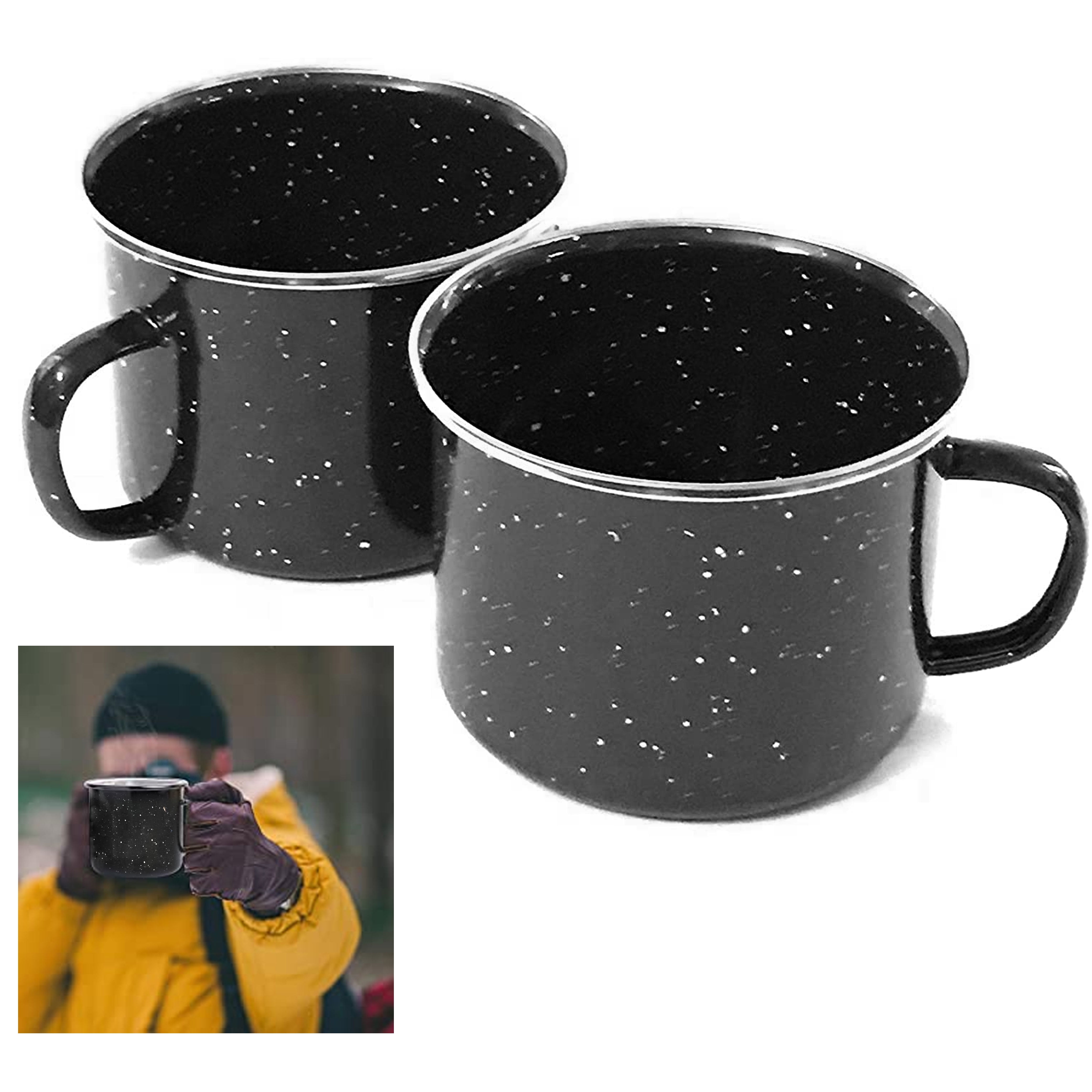 Camping Mug 16 Oz Enamel Black- Set of Two - Drinking Cups Mugs