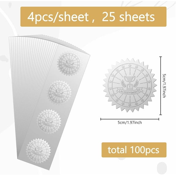 2" Trophy 1st Achievement Silver Foil Embossed Stickers Certificate Seals Self Adhesive Sticker 100Pcs Decor Labels for Awards Wedding Invitation Graduation Certificates Envelopes Diplomas