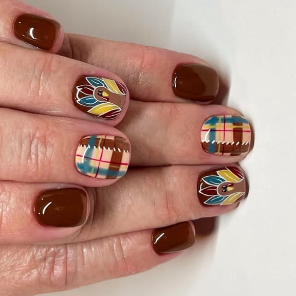 2. Turkey Checkered Short Square ABS Fake Nails Festive Holiday Thanksgiving Easy Apply