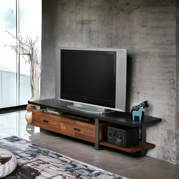 2 Tv Stand With Metal Frame, Walnut And Black, Fits 55" Tvs 2 Open Compartments, Up To Television