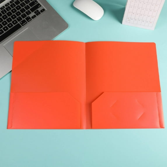 Under $2 Twin Pocket Folders, 2-Pocket Heavy Duty Plastic Folders - Letter Size Document Organizer with Business Card Slots for Office Use, Document Holder, Orange, by Goohae