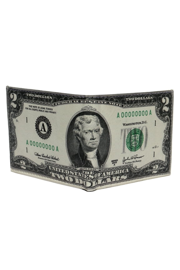$2 Two Dollar Bill Jefferson Photorealistic Leather Bi-Fold Bifold Wallet