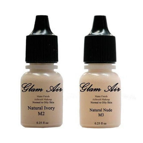 (2)Two Glam Air Airbrush Makeup Foundations M2 Natural Ivory & M3 Natural Nude for Flawless Looking Skin Matte Finish For Normal to Oily Skin (Water Based)0.25oz Bottles
