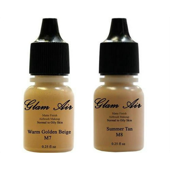 (2)Two Glam Air Airbrush Makeup Foundations M7 Warm Golden Beige & M8 Summer Tan for Flawless Looking Skin Matte Finish For Normal to Oily Skin (Water Based)0.25oz Bottles