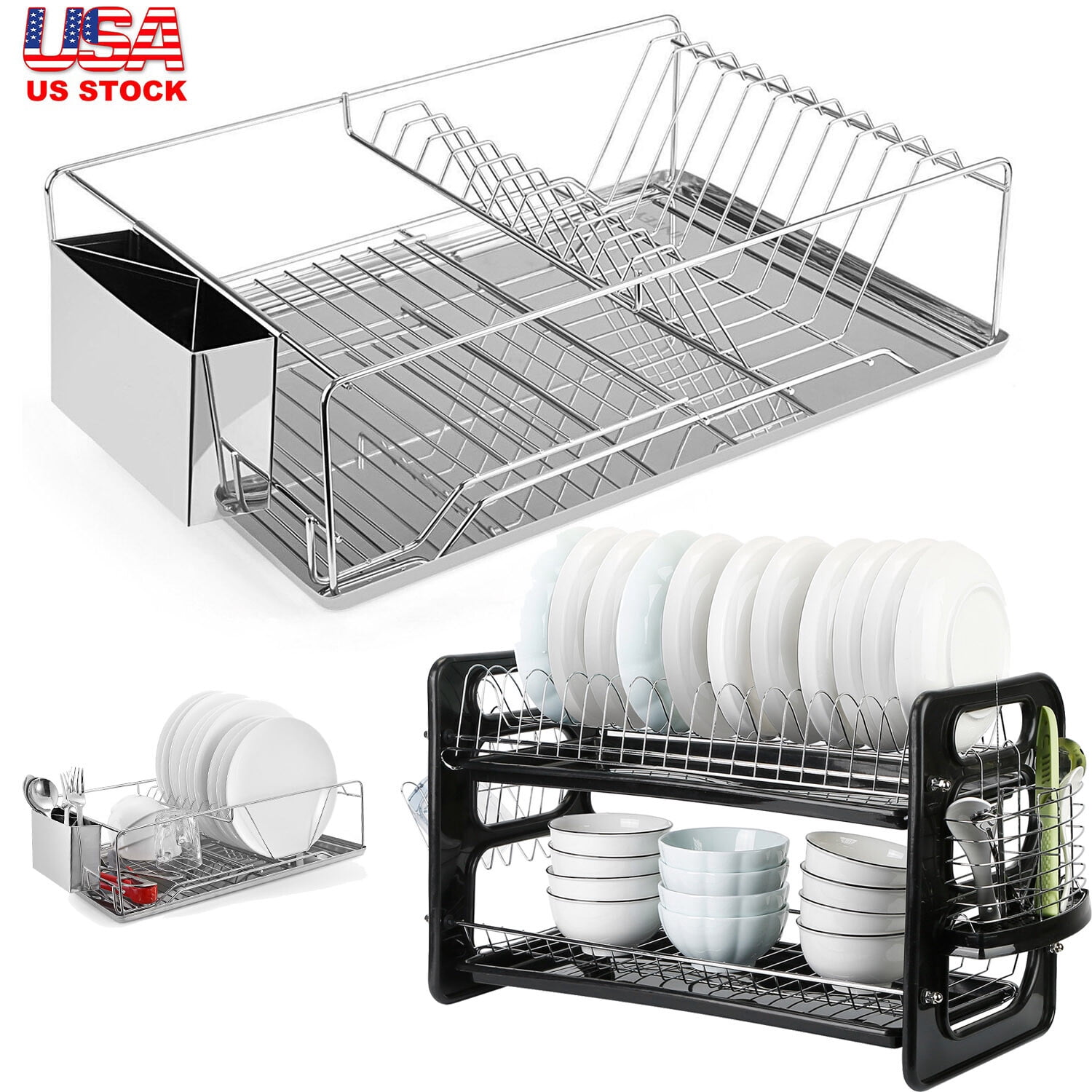 2 Types Kitchen Dish Cup Drying Rack Drainer Dryer Tray Cutlery Holder ...