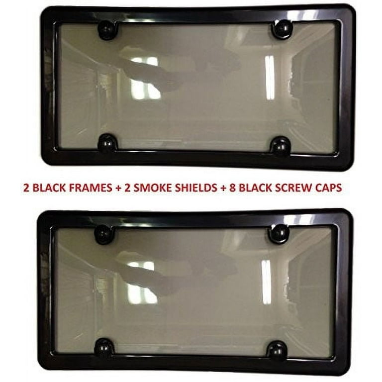2 UNBREAKABLE TINTED SMOKE LICENSE PLATE SHIELD COVER + 2 BLACK FRAMES + 8  BLACK SCREW CAPS 