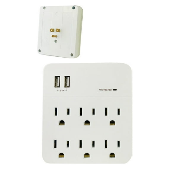 2 USB + 6 Outlet Wall Adapter Surge Protector Tap Child Proof Dual Port ETL