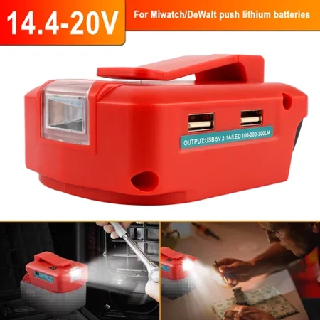 2 USB Power Source Charger Adapter For Milwaukee 14.4-18V Li-ion Battery LED