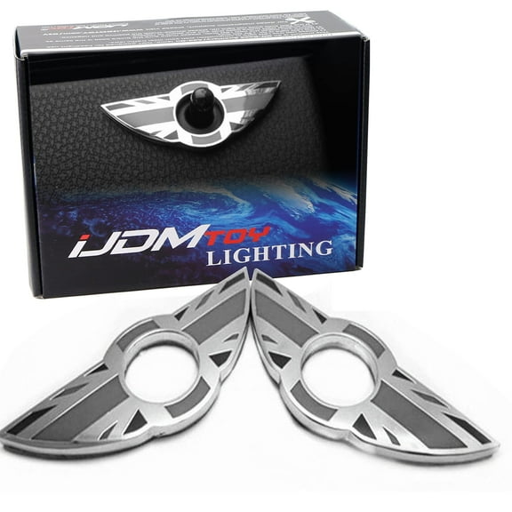 (2) Union Jack Style Wing Emblem Rings For Mini Cooper R55 R56 R57 R58 R59 Door Lock Knobs, Black/Grey UK Flag Design (Does not fit R60 R61 nor F55 F56 Models)