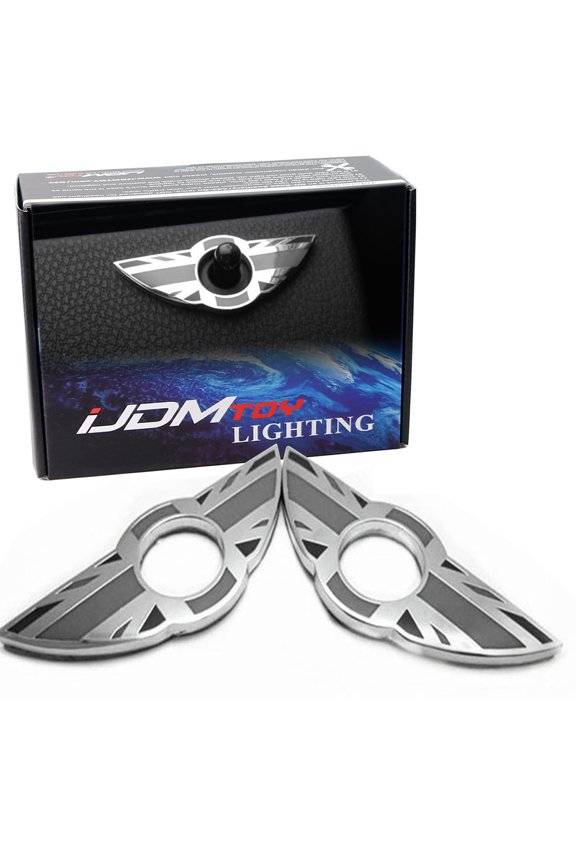 (2) Union Jack Style Wing Emblem Rings For Mini Cooper R55 R56 R57 R58 R59 Door Lock Knobs, Black/Grey UK Flag Design (Does not fit R60 R61 nor F55 F56 Models)