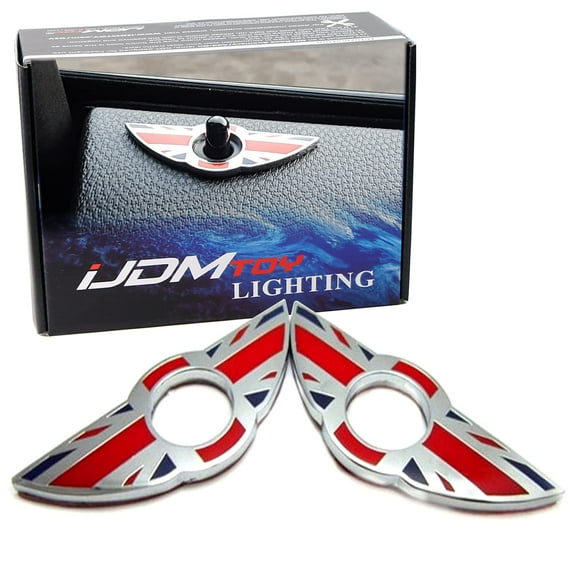 (2) Union Jack Style Wing Emblem Rings For Mini Cooper R55 R56 R57 R58 R59 Door Lock Knobs, Red/Blue UK Flag Design (Does not fit R60 R61 nor F55 F56 Models)